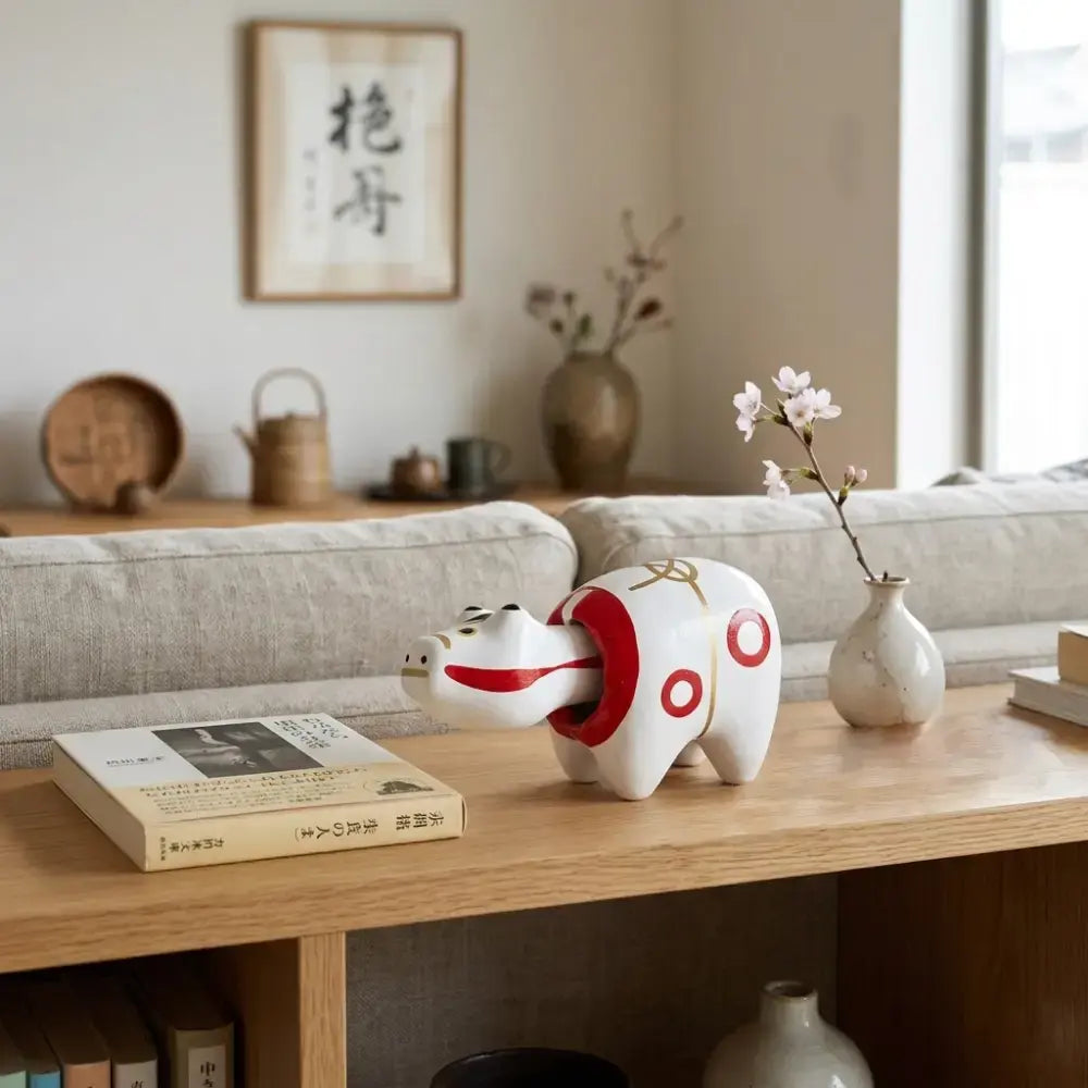 Akabeko White Lucky Cow Figurine Handcrafted Toy Ornament Talisman