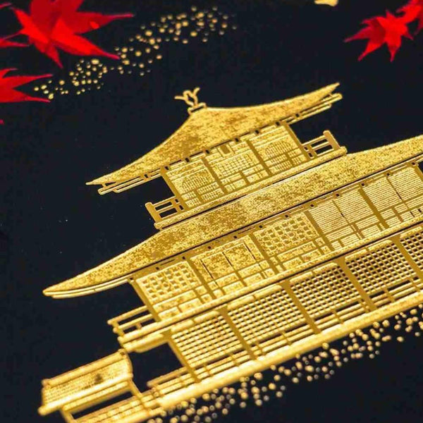 Black & Gold Foil Postcard Kinkakuji In Autumn Fall Leaves