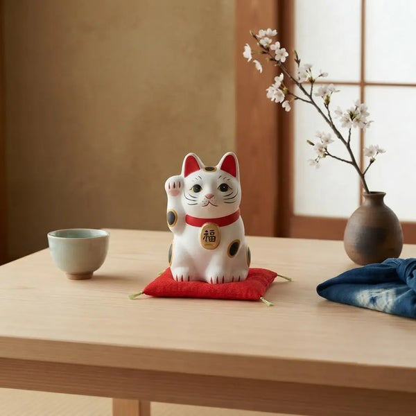 Handmade Japanese Maneki Neko Lucky Cat Ceramic Figurine White 3.1"