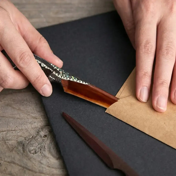 Isuke Handcrafted Wooden Lacquered Paper Knife Wave Flower Pattern