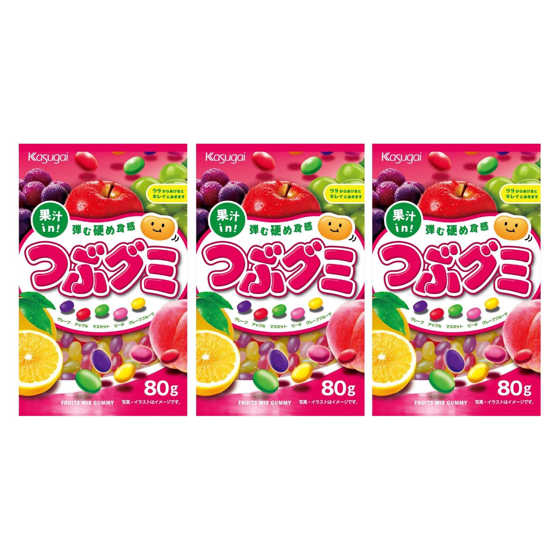 Kasugai Tsubu Gummy Mixed Fruit Flavor Gummies 80g (Pack of 3)