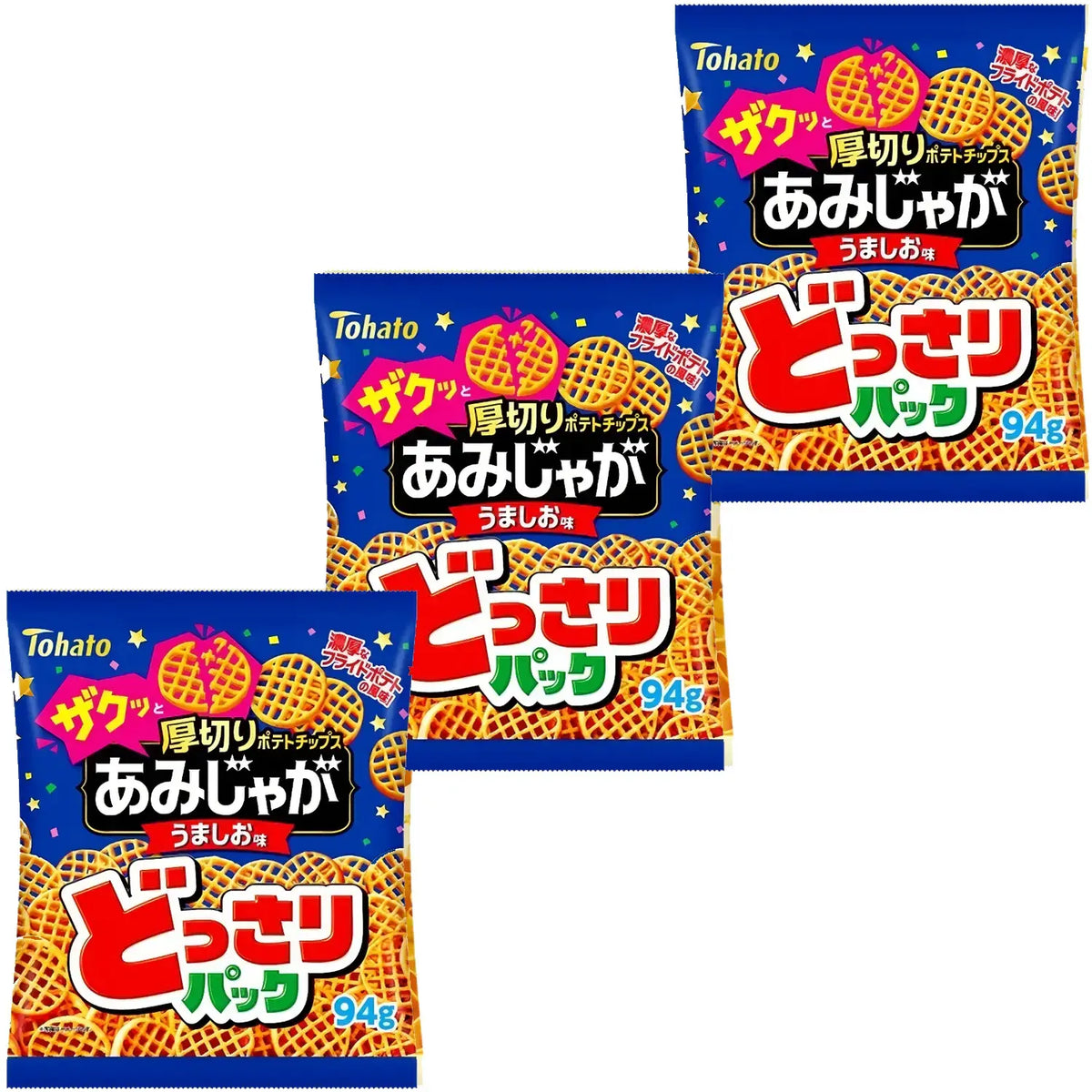 Tohato Amijaga Waffle Shaped Potato Chips Salty Beef Flavor 94g (Pack