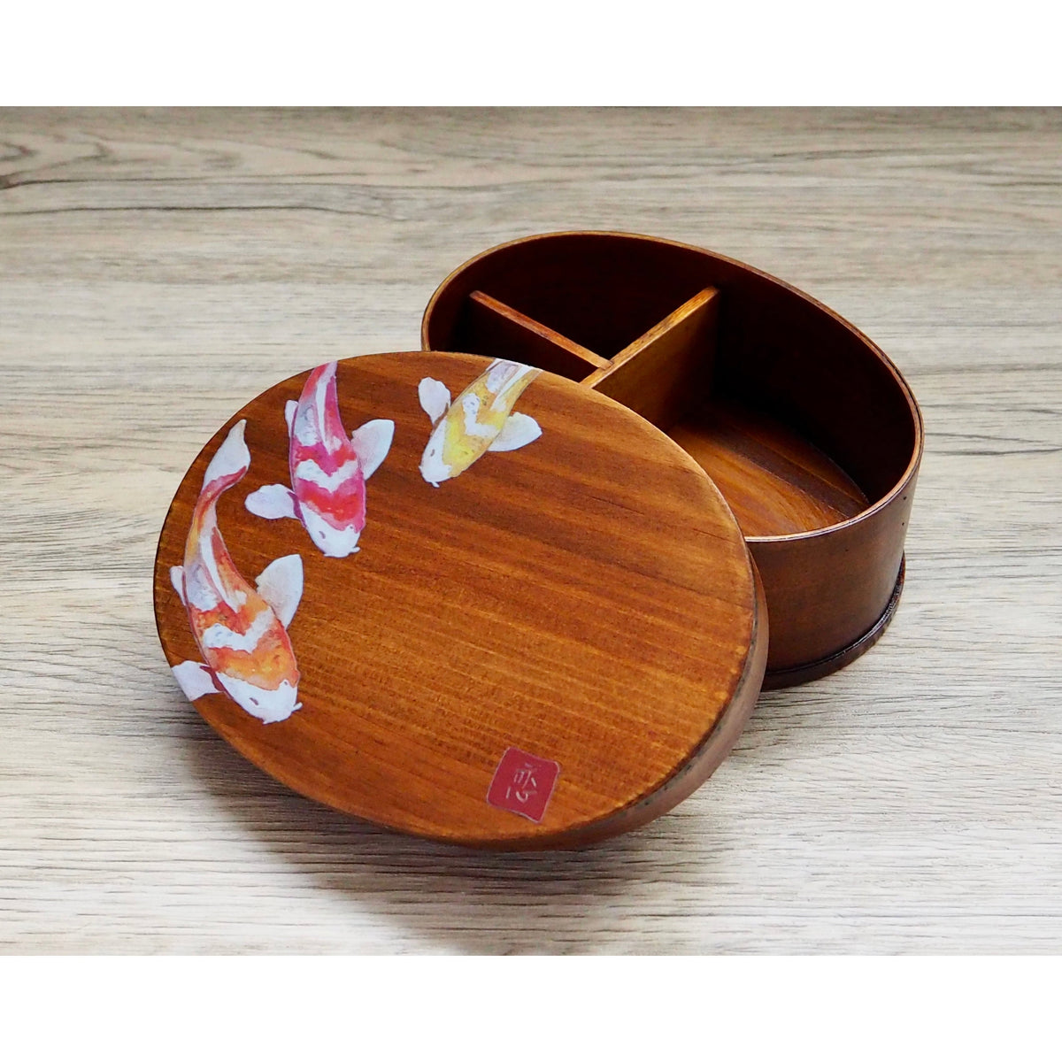 chinesekoi fish lid box Wakacho Wooden Lacquer Bento Box Carp Design Japanese Lunch Box 700ml