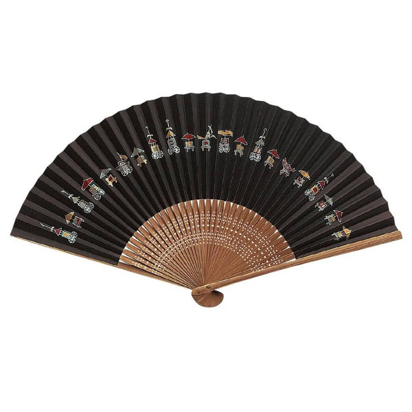 Yamani Festival Carts Design Black Sensu Handheld Folding Fan 21.5cm