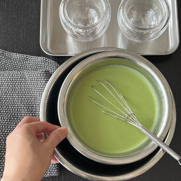 preparing jars to add the matcha pudding into