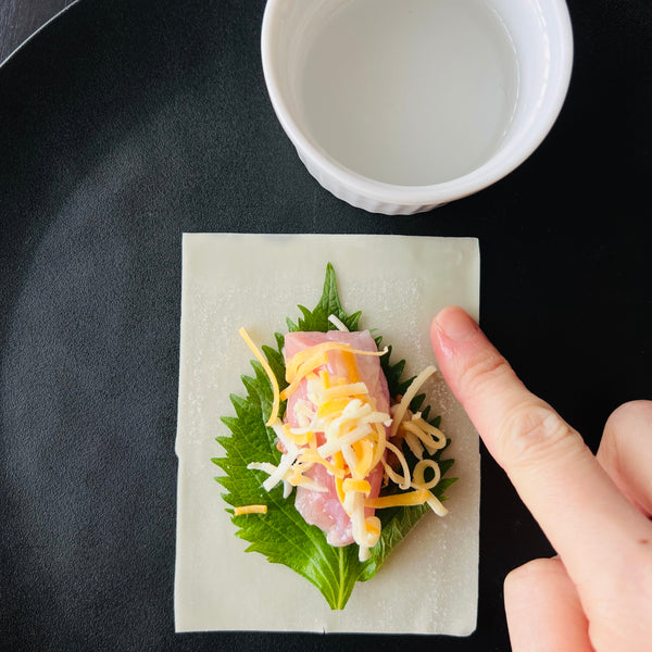 wetting the edge of the gyoza wrapper with water