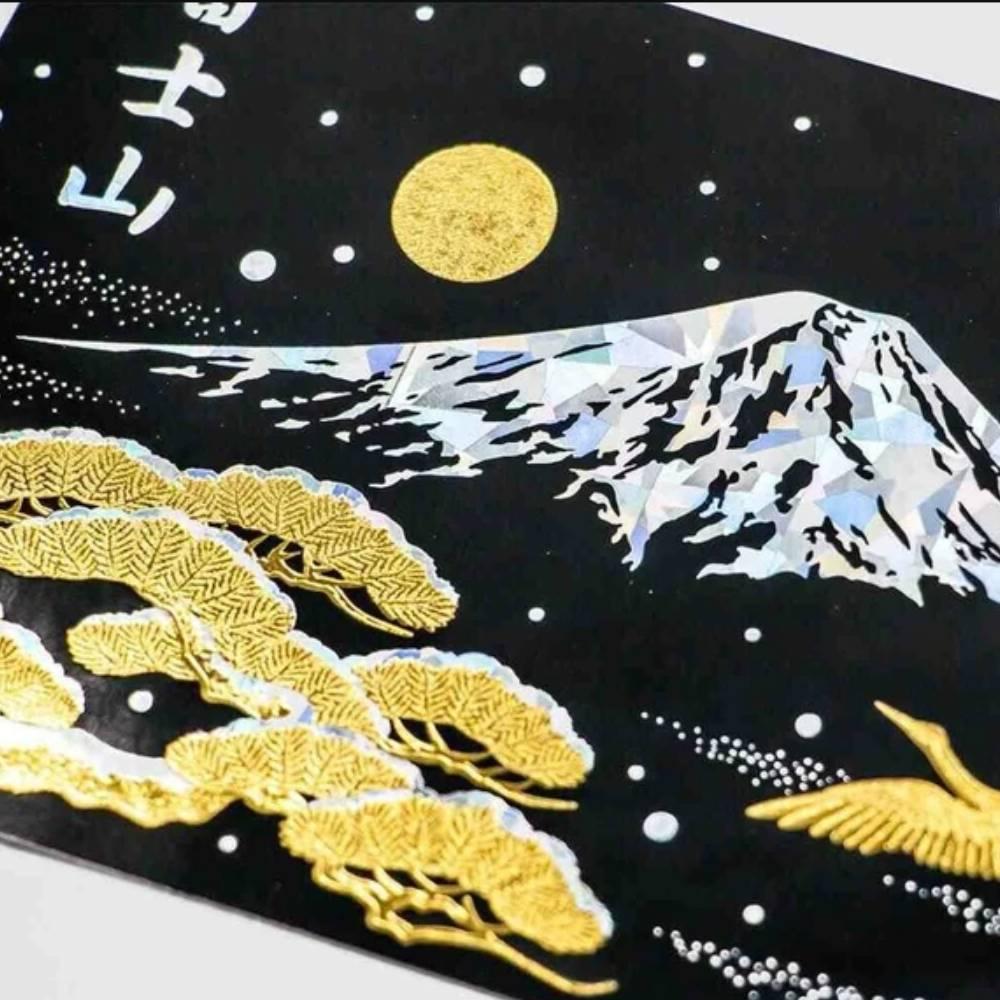Gold Foil Stamped Postcard Snow Capped Mount Fuji In Winter