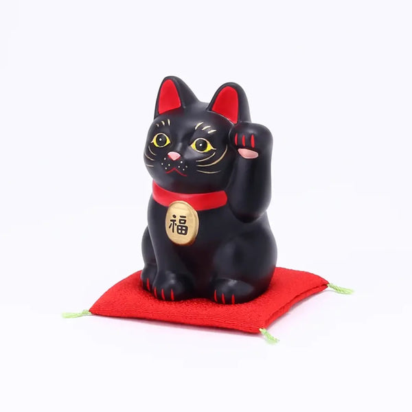 Handmade Japanese Maneki Neko Lucky Cat Ceramic Figurine Black 3.1"