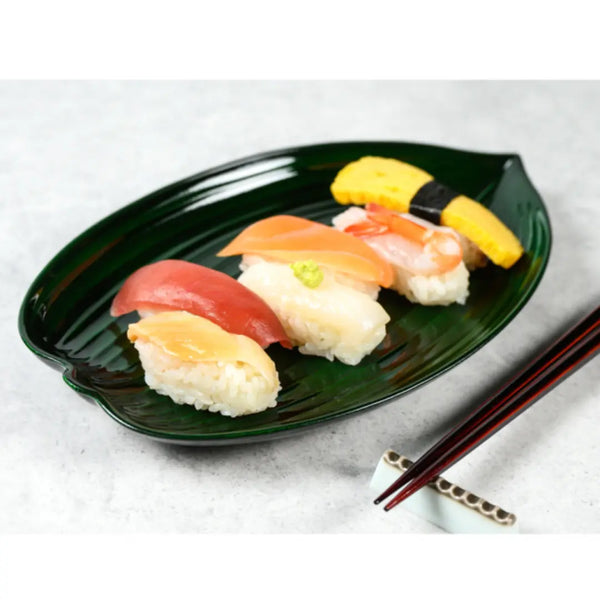 Lacquered Serving Dish Sushi Plate Bamboo Leaf Design Green