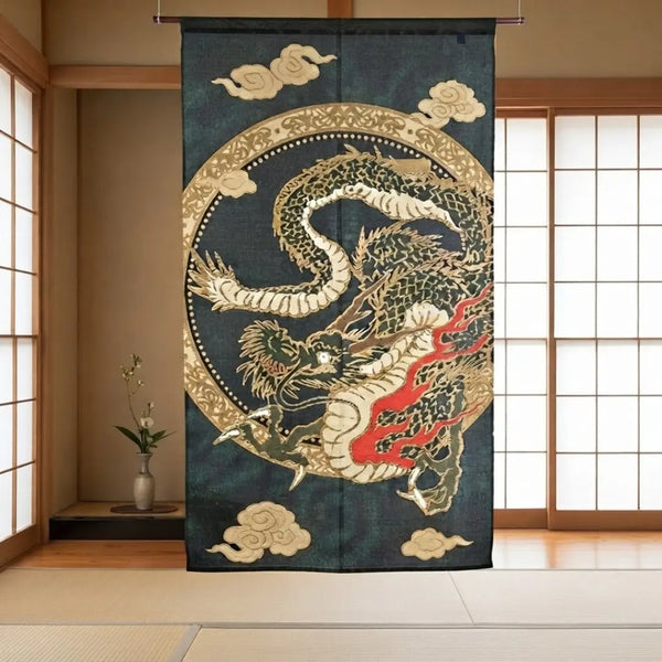 Noren Gold Woven Doorway Curtain Japanese Flying Dragon Design 33.5x59.1"