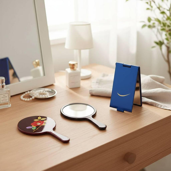 Indigo Blue Lacquered Standing Mirror Crescent Moon Design