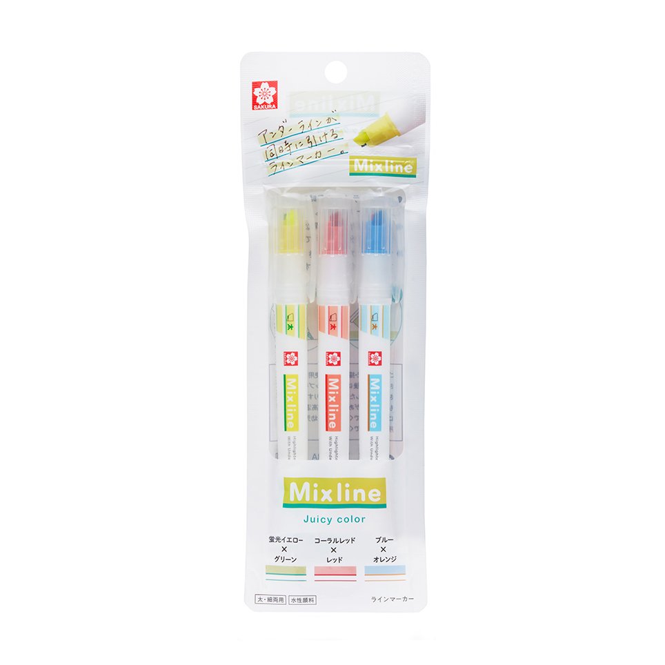 Sakura Mixline Highlighters Two-Tone Underline Highlighter 3 Color Set