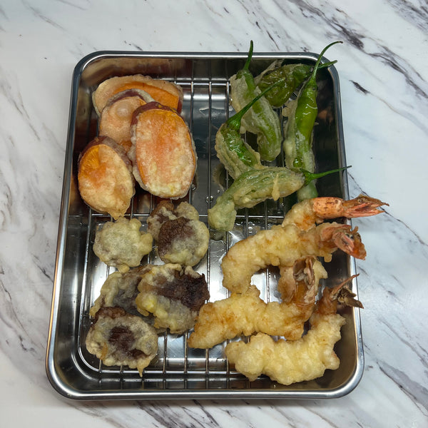 draining tempura on a tray with a wire rack