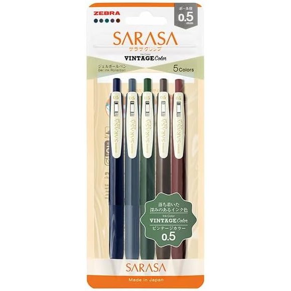 Zebra Sarasa Clip Vintage Color Gel Ink Pens 5 Colors 0.5mm