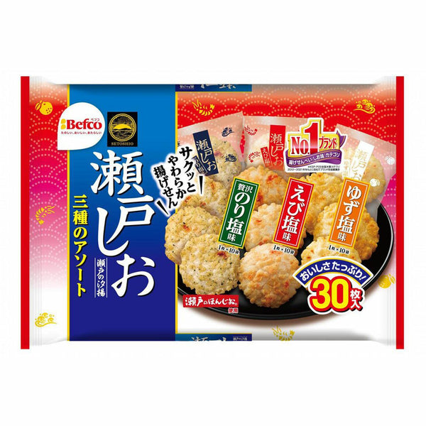 Befco Seto Shio Senbei Rice Crackers 3 Flavors Assortment 30 Pieces, Japanese Taste